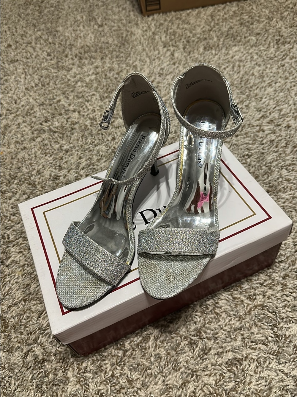 Pierre Dumas Glitter Ankle-Strap Heels in Silver